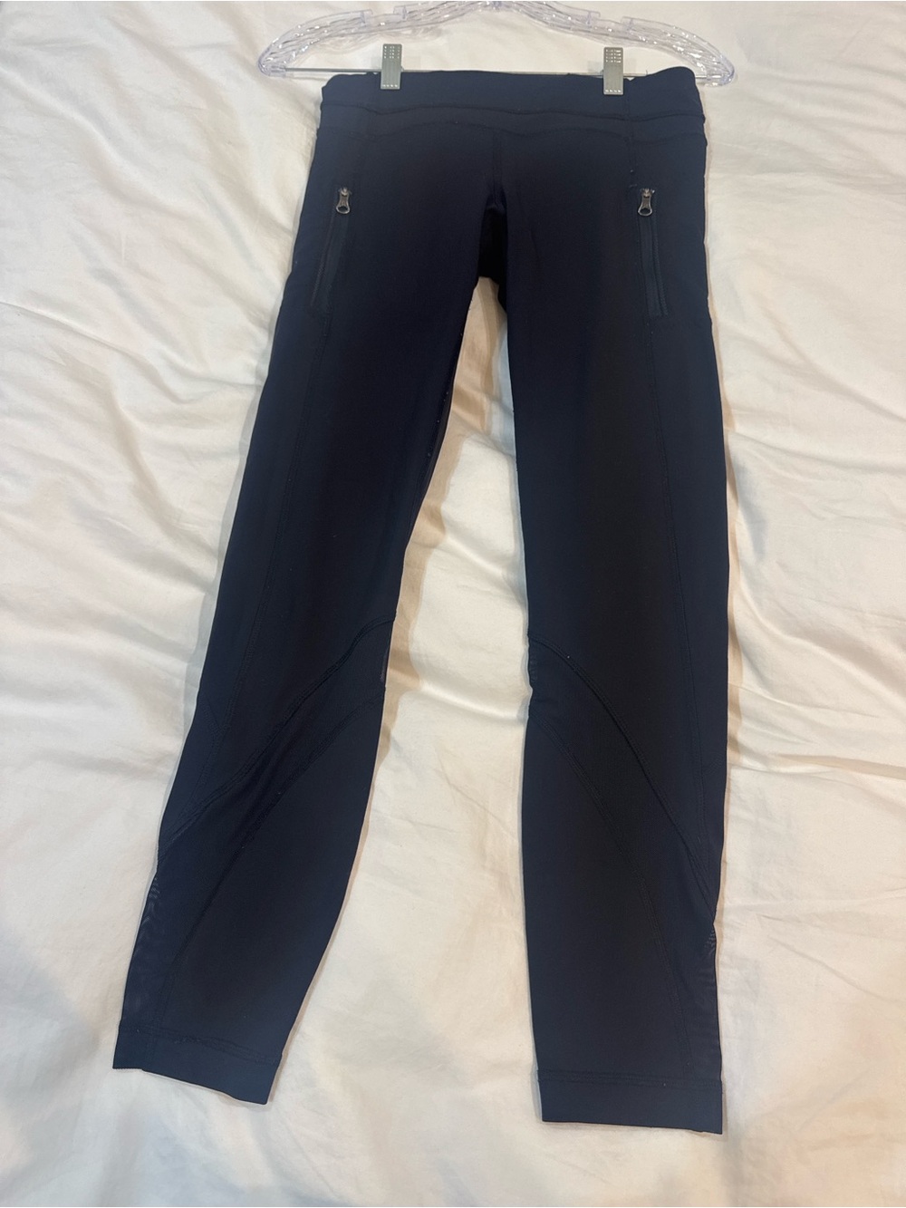 lululemon black leggings mid rise-  with zipper pockets and sheer legging design
